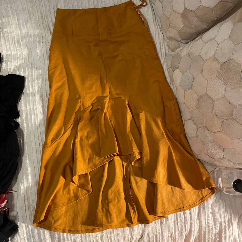 yellow anthropologie suede skirt